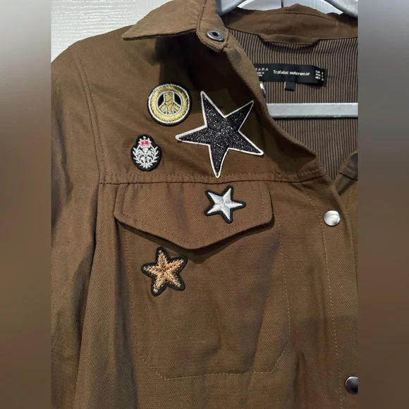 Zara Army Green Long Snap-Down Patchwork Jacket - Size S - Picture 5 of 9